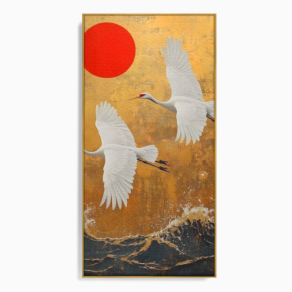 Tablou canvas cu tablou canvas cu doi cocori, in rama de aluminiu auriu